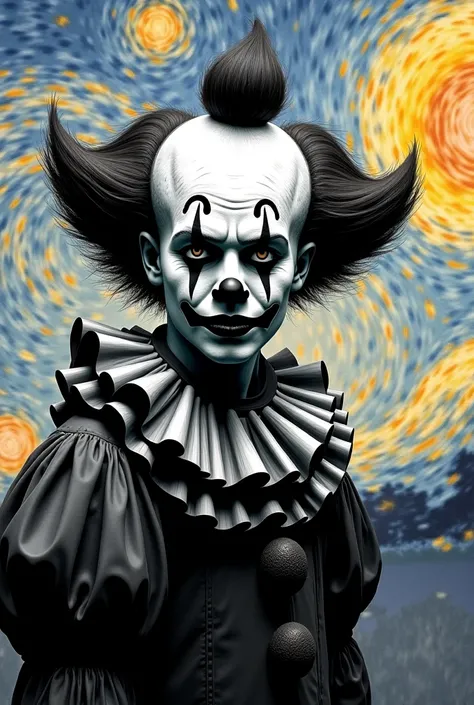 Image of a clown in black and white . In the background,  a colorful sky in the art style of Van Gogh