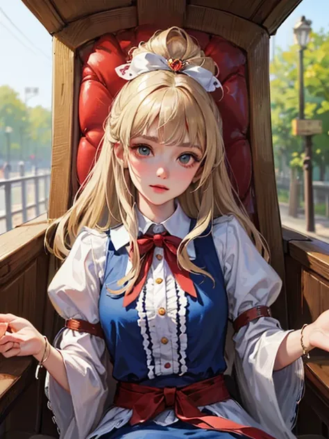  Head to Knee Shots 、 in the seat,  masterpiece,  top quality, 8k, Fine skin texture, The texture of fine fabric ,  Beautiful Detailed Face ,  intricate detail on the edge of the garment,  very detailed,  Alice in Wonderland,   upper body