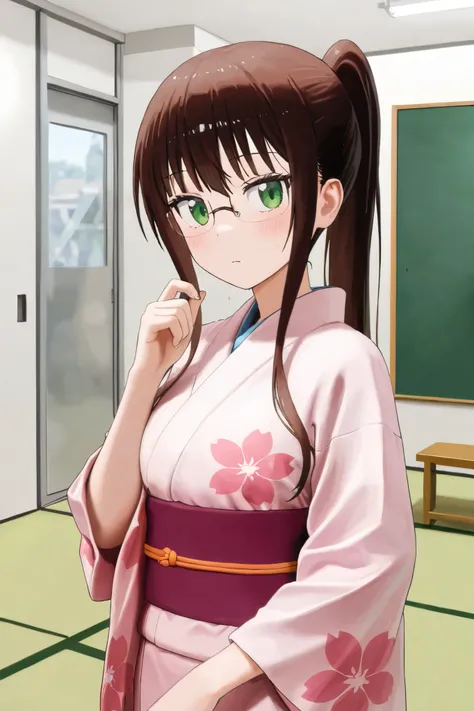 NSFW, Masterpiece, top quality, Hi-Res, very detailed,Ruri Miyamoto\(Nisekoi\)、 long hair、bangs, brown hair at the gym, green eyes、 ponytail、Glasses、鈍いbangs, small tits, kimono, kimono,hostel,Japanese-style room,tatami