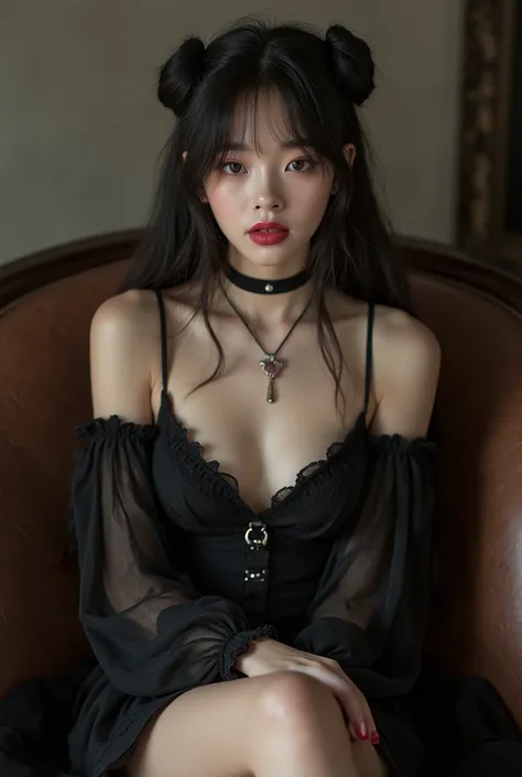   There is a woman sitting on a chair with her legs crossed ,   Cute Face with Arms and Legs  ,  Extremely Realistic . Live Camera,  Cruel Korean Gothic Girl,  Korean girl ,  shikamimi,  Full Body Senxia ,  sexy pose with a hard face, Japanese goddesses, k...