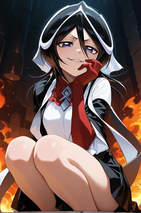 masterpiece, best quality, amazing quality, very aesthetic, high resolution, newest, hyper-detailed, realism, 1girl, smug face, rukia kuchiki, black hair