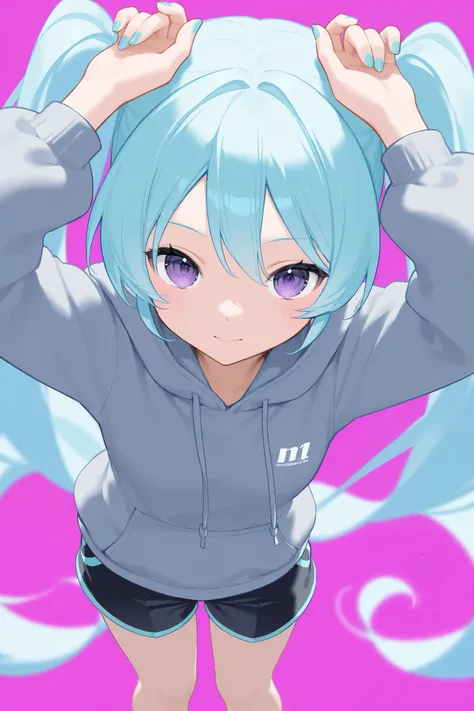  Hatsune Miku、 face up 、 purple eyes、 hoodie、 shorts、 light blue hair、