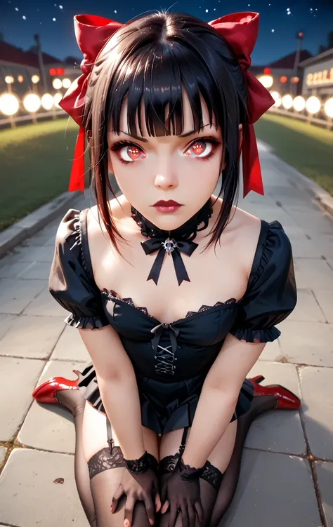 Rory Mercury, Rory Mercury, black  hair, blunt bangs, hime cut, hair ornament, black lipstick, hairlong, angry face, makeup, (small chest:1.2), (red eyes:1.5), break Gothic underwear, the perfect body (little chest:1.3) Hornny,  break in full growth, red s...