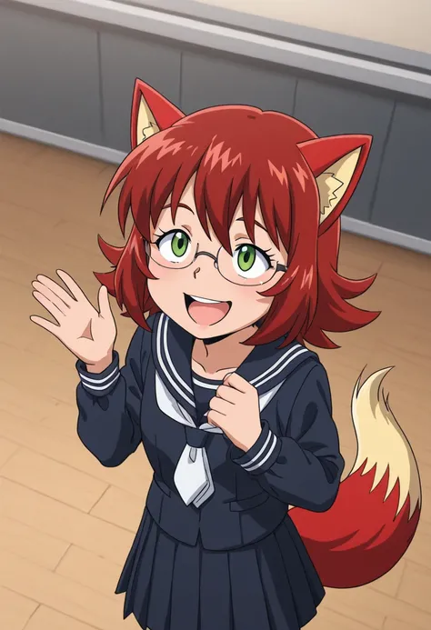 Fiona the Fox. anime girl with glasses in a suit making silly faces and looks up, 1girl, solo, glasses, school uniform, open mouth, smile, serafuku