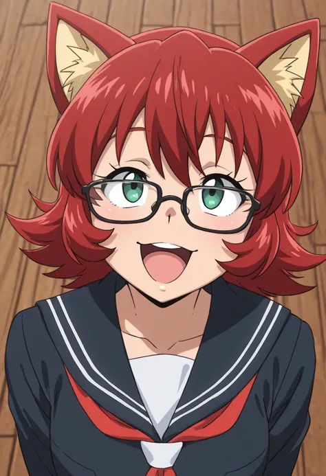 Fiona the Fox. anime girl with glasses in a suit making silly faces and looks up, 1girl, solo, glasses, school uniform, open mouth, smile, serafuku