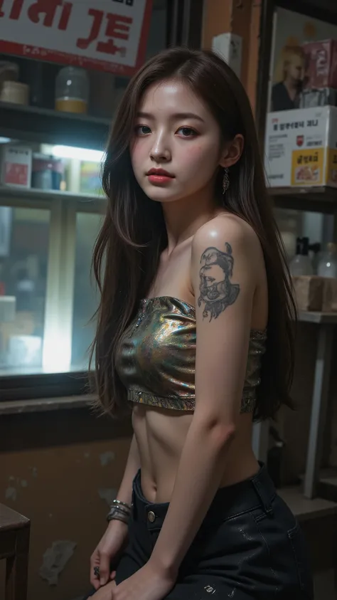 NSFW,
Film camera depiction,
Taken with a high-dispersion high-end lens,
Wide-angle lens,
Full-body shot,

at night,
A beautiful Korean girl is attracting customers at in the slums,
Her face has large burn scars,
((The burn scars have become ugly keloid sc...