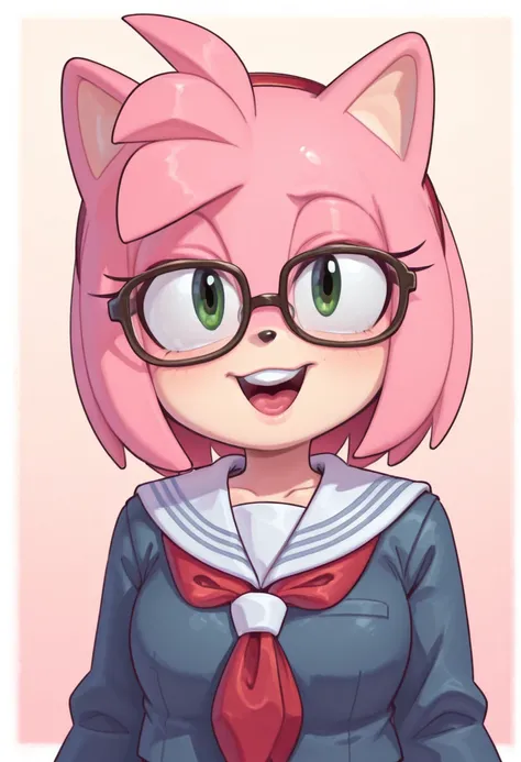 Amy Rose. anime girl with glasses in a suit making silly faces and looks up, 1girl, solo, glasses, school uniform, open mouth, smile, serafuku