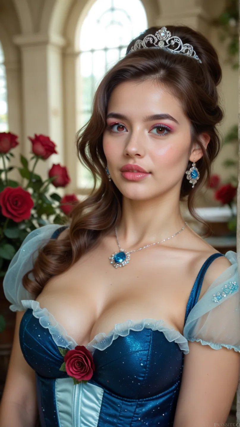 This is realistic fantasy artwork set in the an enchanted pastel bubblegum and rose garden. Generate a proud woman with a highly detailed face dressed in the billowing folds of a stunning French silk ballgown. The woman's sweet face is ((((highly detailed,...