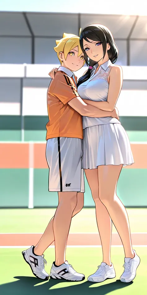 old men standing on side, tennis uniform, tennis shoes, smile, embrace the shoulder, Masterpiece, elegant mature woman, Hinata(boruto), long hair, tall body, tennis uniform, sport shoes, upper body, dynamic lighting, ultra detailed, highres, absurdres, ten...