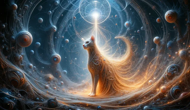 A serene, yet captivating digital artwork, blending the paradoxical harmony of chaos and order, reminiscent of the surrealist masterpieces of Salvador Dali, H.R. Giger, and Zdzisław Beksiński. A luminous, otherworldly cat figure, draped in a flowing, diaph...