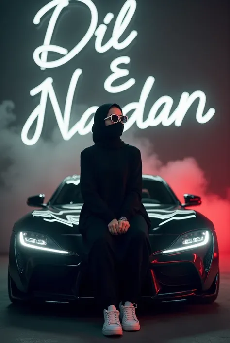 Create a 3D illusion for a profile picture where a Girl in a  Black afghani shalwar Kameez face mask seat casualy on a black sports car. Wearing sneakers, and white sunglasses, she looks ahead. The background portrait 3d smoke.sunrise Road Name Dil E Nadan...