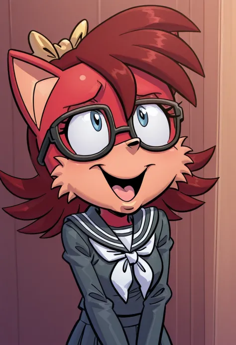 Fiona the Fox . anime girl with glasses in a suit making silly faces and looks up, 1girl, solo, glasses, school uniform, open mouth, smile, serafuku