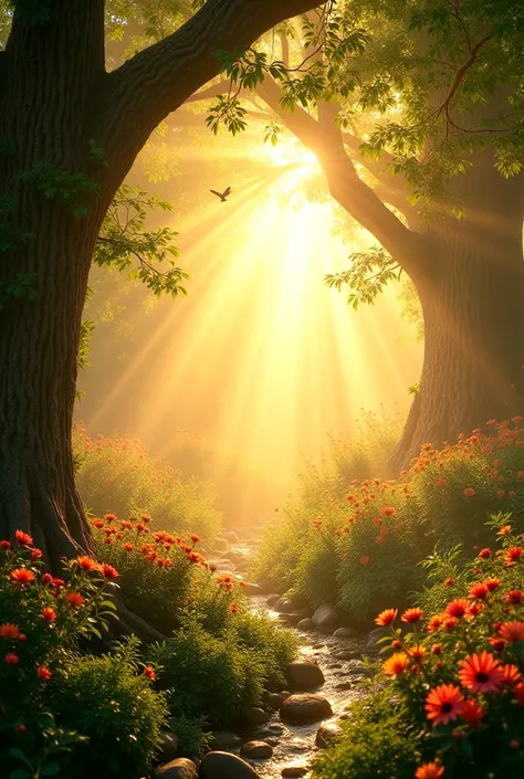  Create an immersive first-person image that captures the exact moment when Eve awakens in the Garden of Eden.  Your eyes open to a golden sky at sunrise ,  whose soft rays cross the canopy of huge, leafy trees .  The vibrant green leaves filter light ,  p...