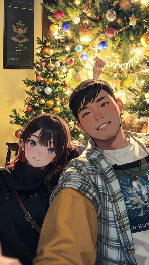 there are two people that are sitting in front of a christmas tree, profile pic, profile image, tyler edlin and natasha tan, happy couple, profile picture, picture, profile picture 1024px, reddit post, profile photo, momma and papa, night!, pablo carpio an...