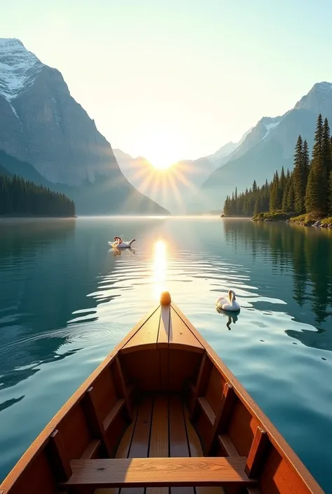 *"An ultra-realistic 4K scene of a majestic natural landscape, viewed from a wooden boat gently floating on a crystal-clear lake. The boat’s polished surface reflects the golden light of the rising sun, casting a warm glow over the tranquil water. Towering...