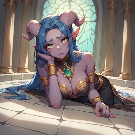 a female Tiefling with purple skin and green eyes and blue hair. she looks depressed and sad as she is on the floor of a castle throne room. she has tattered clothes on. she has bags under her eyes.