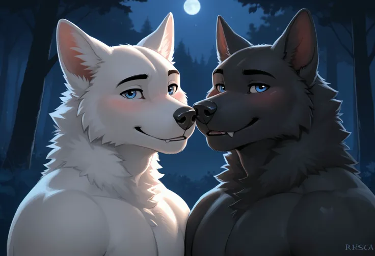 (by riska and seibear and zaush and monkeyspirit), (duo), (night), (forest), (23 years old),(handsome wolf brothers), cute:1.6, inner ear fur, fluffy body, ooking at viewer, (black body), (white body), boys, athletic body, very horny:1.9, (the two males ca...