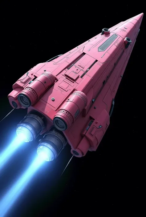  The spaceship has an elongated wedge shape , with sturdy structure , pink color.  Two giant engines run along its length ,  leaving traces of blue glow . The ship is tilted at 90 degrees,  with a futuristic design and detailed shading.  The background is ...