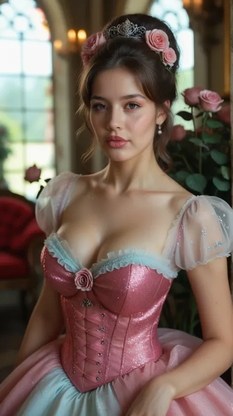 This is realistic fantasy artwork set in the an enchanted pastel bubblegum and rose garden. Generate a proud woman with a highly detailed face dressed in the billowing folds of a stunning French silk ballgown. The woman's sweet face is ((((highly detailed,...