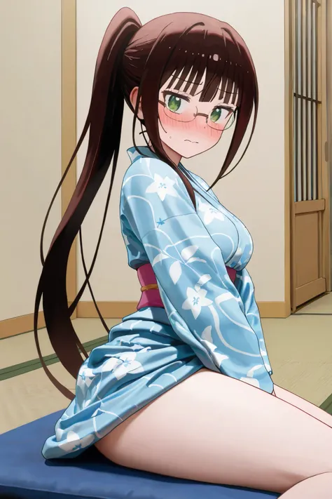 NSFW, Masterpiece, top quality, Hi-Res, very detailed,Ruri Miyamoto\(Nisekoi\)、 long hair、bangs, brown hair at the gym, green eyes、 ponytail、Glasses、鈍いbangs, small tits, kimono, kimono,hostel,Japanese-style room,tatami,Embarrassed,blush