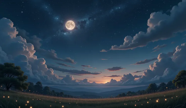 A soft, starry night, with a deep, soothing sky filled with thousands of twinkling stars. A soft, luminous quarter moon. Light, fluffy clouds float peacefully. Fireflies flit here and there, adding a magical touch. The atmosphere is warm, peaceful and perf...