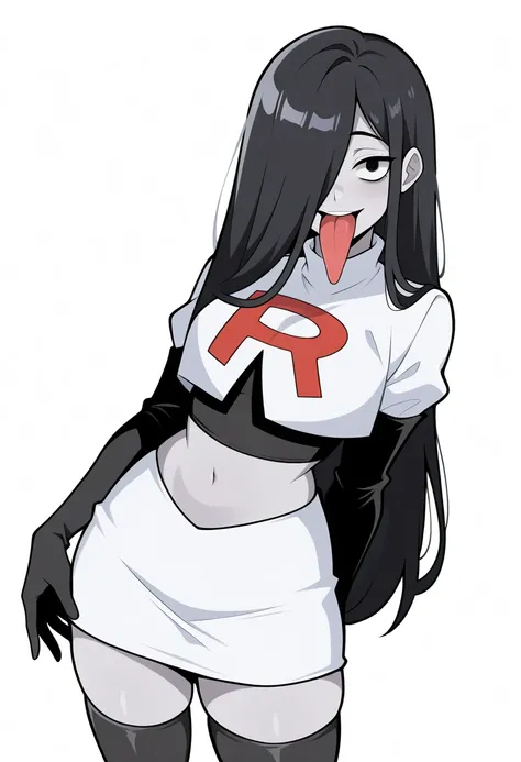 (masterpiece,amazing quality,best quality),blaash,solo,astroostylev5,SadakoIL,,1girl,solo,long hair,black hair,very long hair, navel,hair over one eye,grey skin,yamamura sadako, long tongue, team rocket,team rocket uniform,white skirt,red letter R,crop top...