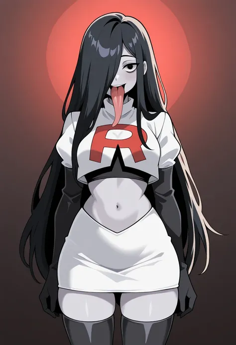 (masterpiece,amazing quality,best quality),blaash,solo,astroostylev5,SadakoIL,,1girl,solo,long hair,black hair,very long hair, navel,hair over one eye,grey skin,yamamura sadako, long tongue, team rocket,team rocket uniform,white skirt,red letter R,crop top...