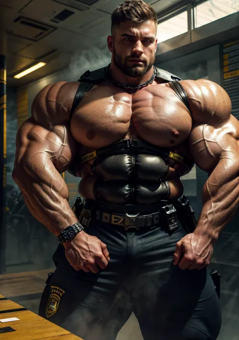 Create an ultra-realistic, high-definition image of two incredibly attractive, hyper-masculine police officers standing closely together, exuding dominance, confidence, and authority. Their physiques should be enormous, heavily muscled, and vascular, with ...