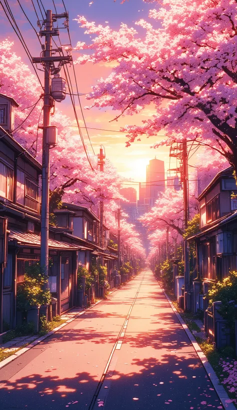 A stunning anime-style illustration of a springtime street in Tokyo during sunset. The scene captures a mix of traditional Japanese houses and modern buildings in the background. Cherry blossom trees (sakura) line the road, their pink petals floating gentl...