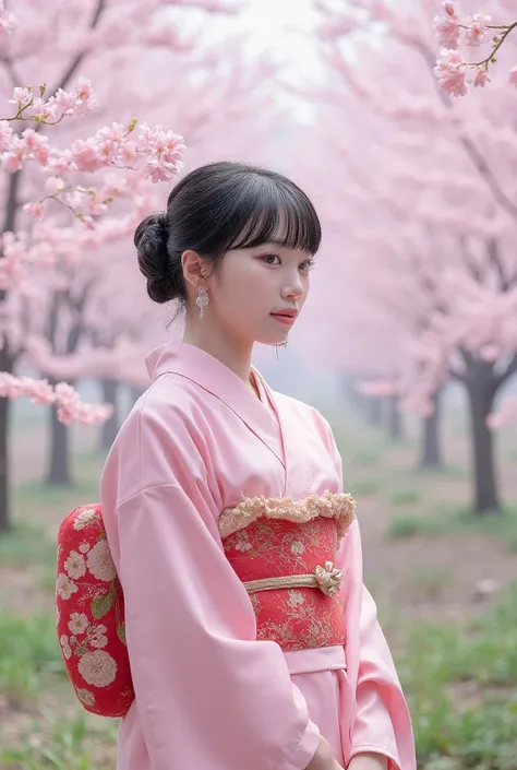   kimono， alone，Surrounded by cherry blossoms in full bloom ，  white skin，