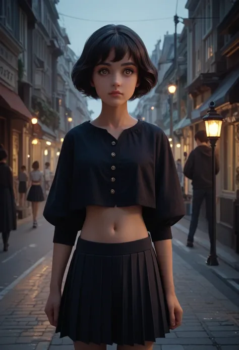 cute young Woman, short black Hair, Brown Eyes, Empress,pleated skirt suit,street lamps,neons,bustling street background,(navel:1.1,princess eyes), Nobility, Royalty, High Quality, Masterpiece, Highly Detailed