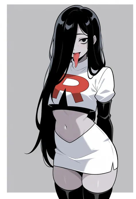 (masterpiece,amazing quality,best quality),blaash,solo,astroostylev5,SadakoIL,,1girl,solo,long hair,black hair,very long hair, navel,hair over one eye,grey skin,yamamura sadako, long tongue, team rocket,team rocket uniform,white skirt,red letter R,crop top...