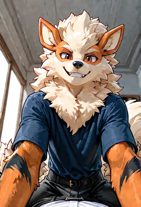 Solo, male arcanine (fluffy fur, anthropomorphic arcanine, smiling), accurate anatomy, arcanine looking at viewer seducticely, on top of viewer, low pov, femboy,
, viewer is a human, clothed