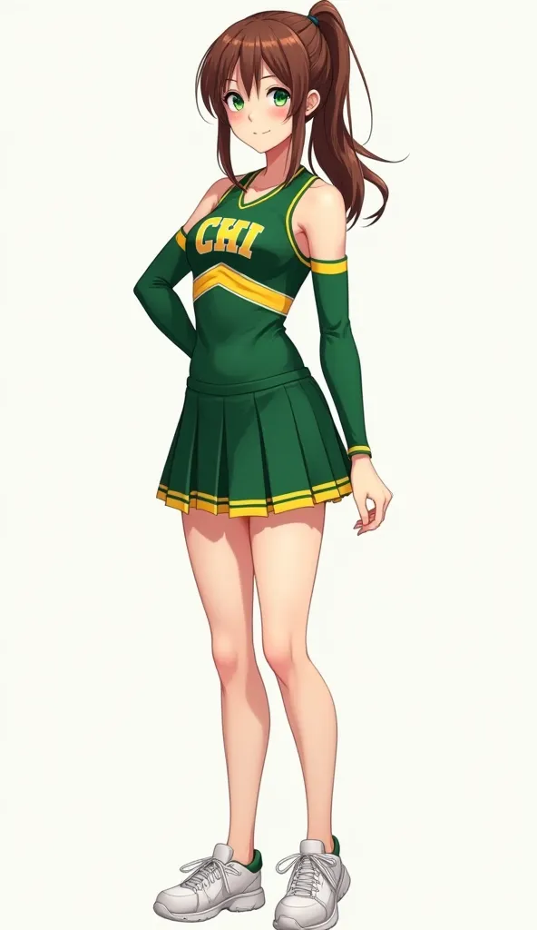 1 girl (appearance:  brown hair with a ponytail ,  green eyes,  athletic body build, 18 years old) (Clothing: Green and yellow cheerleader uniform) ( Full body plane )  illustration, anime style 4k,  Precise,  super detailed ,  tall details ,  High resolut...