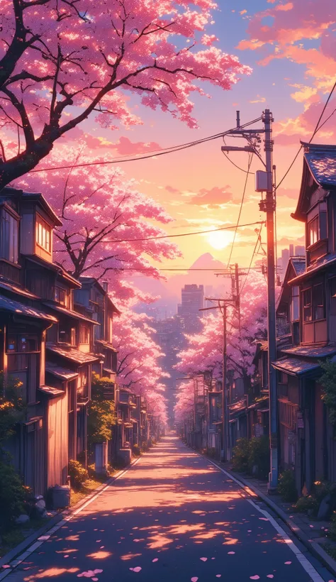 A stunning anime-style illustration of a springtime street in Tokyo during sunset. The scene captures a mix of traditional Japanese houses and modern buildings in the background. Cherry blossom trees (sakura) line the road, their pink petals floating gentl...