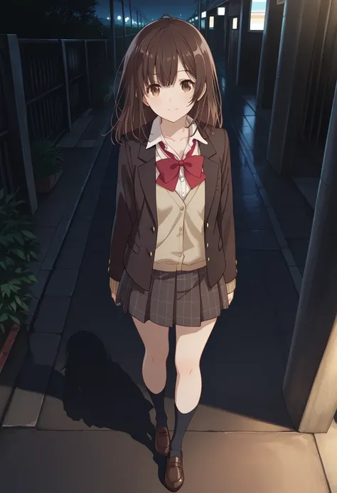 sayuogiwara, 1girl, solo, skirt, school uniform, brown eyes, brown hair, jacket, shoes, red bow, full body, socks, bow, brown footwear, looking at viewer, pleated skirt, blazer, white shirt, loafers, collared shirt, shirt, red bowtie, smile, dark alleyway ...