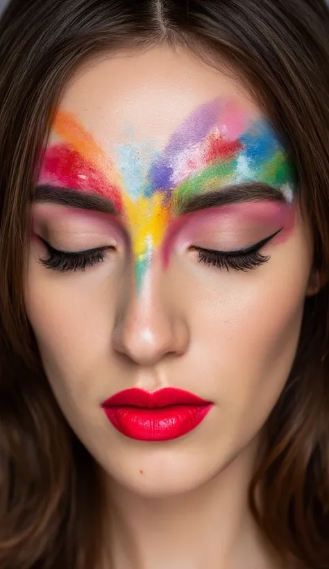 Photo of a woman's with vibrant makeup, bright red lips, colorful abstract face paint, closed eyes, dark brown hair, fair skin, soft texture, minimal pores, freckles, and liver spots, calm expression,. The image is high quality, with a soft focus on the fa...