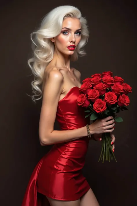 VALENTINESTAg.model.woman. very pretty.  white hair.  blue eyes. red luxurious satin short dress.holding a bouquet of red roses 