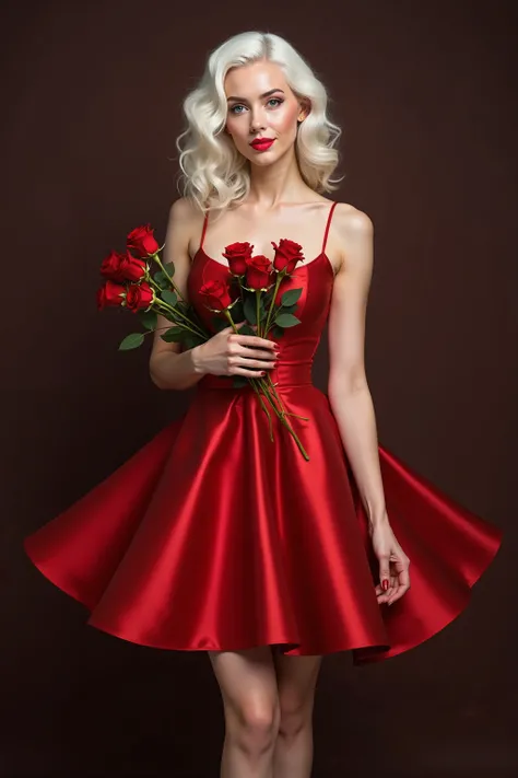 VALENTINESTAg.model.woman. very pretty.  white hair.  blue eyes. red luxurious satin short dress.holding a bouquet of red roses 