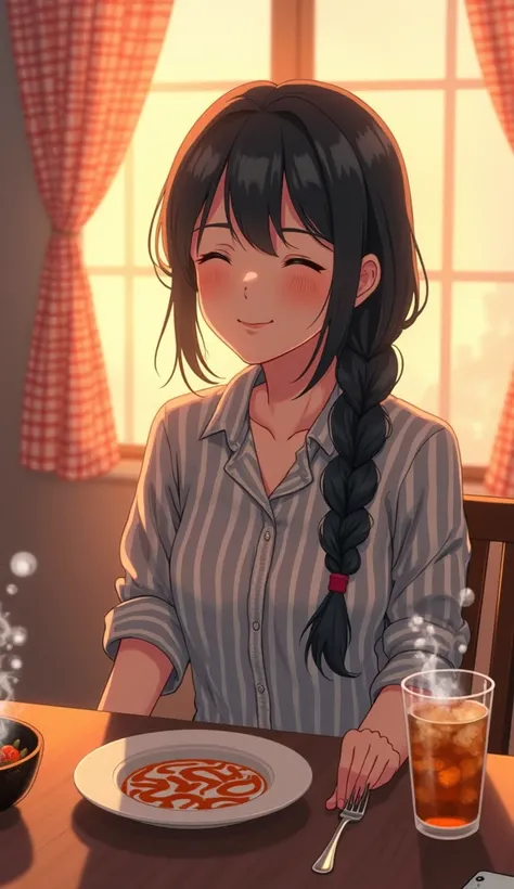 Fulfillment　 black hair long hair　25 year old OL 　 eating food　[Full Body] 
25-year-old office lady sitting at dining table, 
striped collar shirt with unevenly rolled sleeves, 
black long hair with loose braid, 
slight cheek flush from meal satisfaction 
...