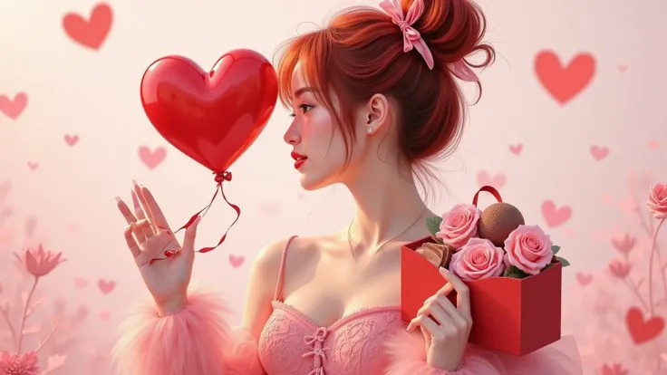 Minimalist flat color  、 Valentine's Day pictures 、 A girl with red hair and a double ponytail appeared、 I have a gift box with heart-shaped chocolates 、[Happy Valentine&#39;s Day ] ， A colorful, gorgeous figure in a big photo  、 Create a painting with a b...