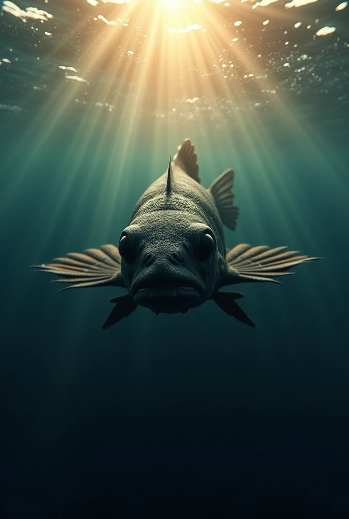 Stunning 8K view of a black devil fish being illuminated by sunlight as it emerges from the depths of the ocean.  The transition between dark and cloudy waters to the clear surface is dramatic ,  with rays of light penetrating through the waves . The fish ...