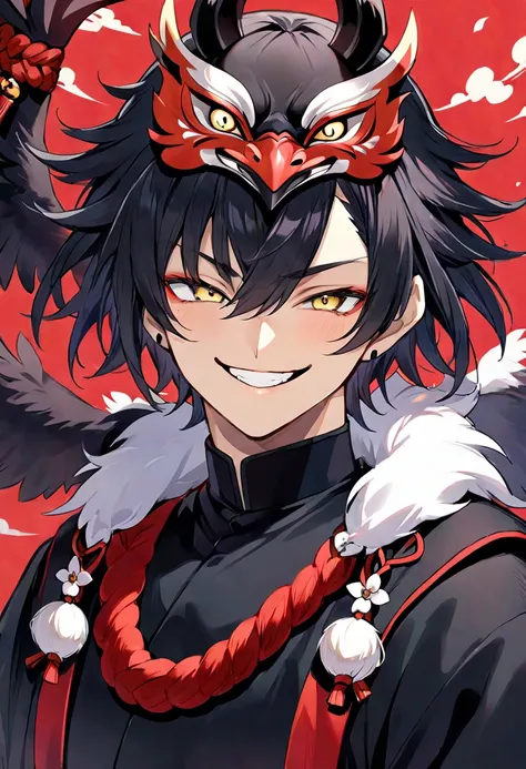 1 male、The black tengu costume  、  tengu mask、     black hair、  short hair、   is amazing 、  smirking  