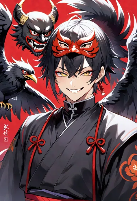 1 male、The black tengu costume  、  tengu mask、     black hair、  short hair、   is amazing 、  smirking  