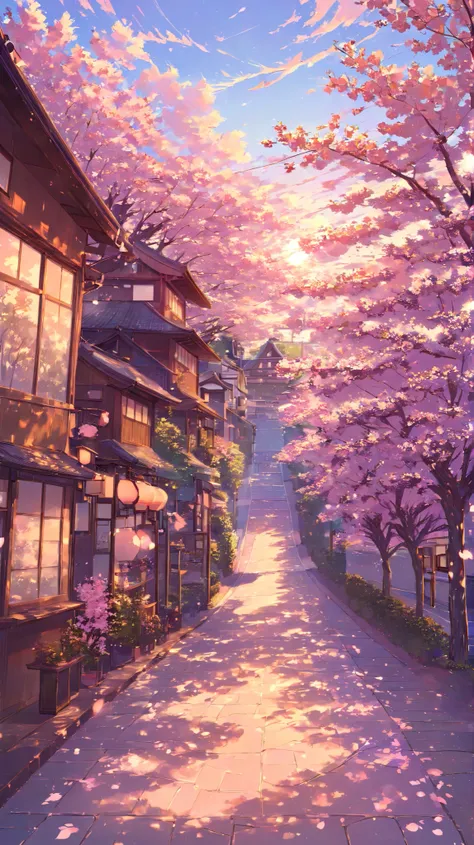 A stunning anime-style illustration of a springtime street in Tokyo during sunset. The scene captures a mix of traditional Japanese houses and modern buildings in the background. Cherry blossom trees (sakura) line the road, their pink petals floating gentl...