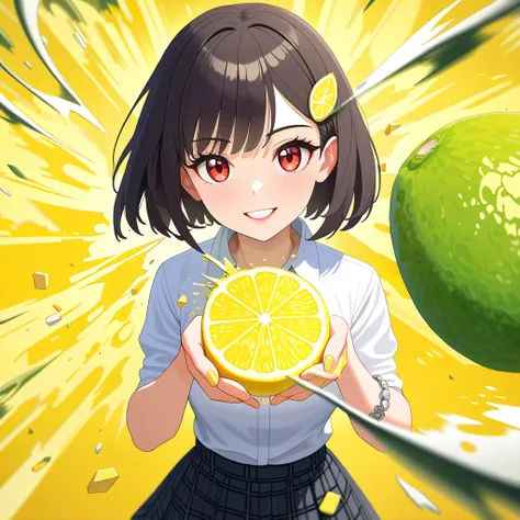 (((focus at hand))), ((lemon slice squeeze cover design, front view, top view)), ((juice radiating from fruit, lemon slice crushed and distorted, crushing, squeezing lemon with force, radiating, lemon pieces splatter, lemon juice splattering, splattering))...