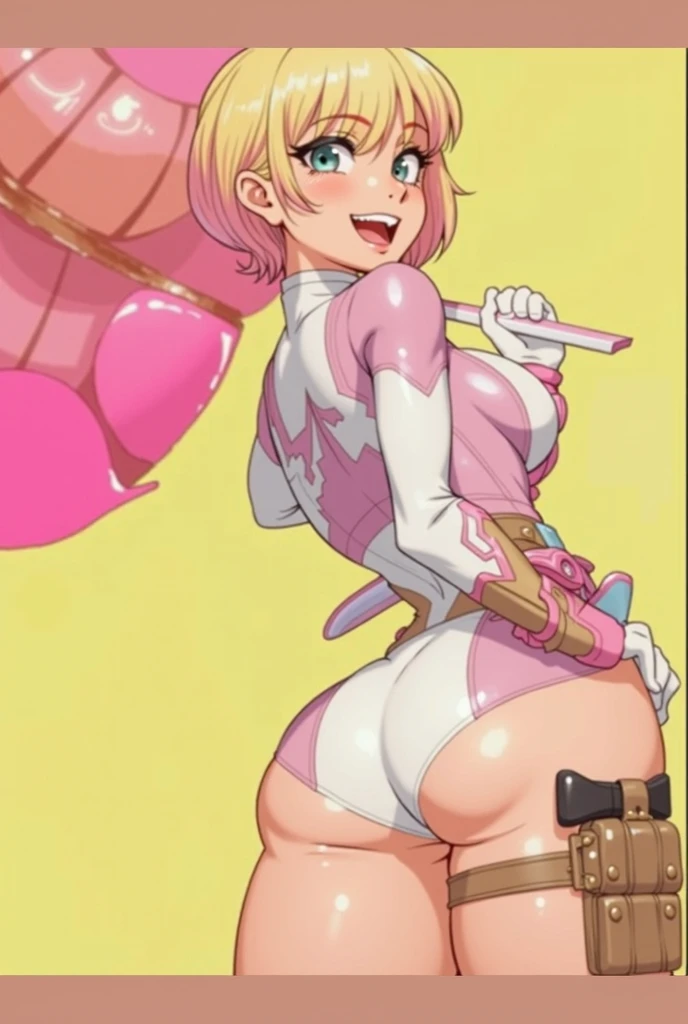 Gwenpool standing, looking back, large breasts, large butt, blond hair with pink tips, wearing a pink and white bikini, smile on her face, pink lipstick, 