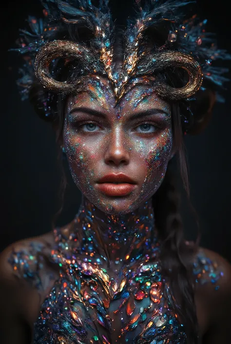 prompt:A captivating portrait of a young woman adorned with an elaborate display of colorful gemstones and intricate embellishments. Her skin is covered in a shimmering layer of tiny beads and jewels, reflecting a myriad of vivid colors—reds, blues, greens...