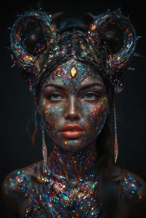 prompt:A captivating portrait of a young woman adorned with an elaborate display of colorful gemstones and intricate embellishments. Her skin is covered in a shimmering layer of tiny beads and jewels, reflecting a myriad of vivid colors—reds, blues, greens...