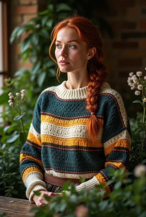 ( masterpiece striped sweater), (  best quality ),  resolution 8k, Mature woman, redhead, medieval herbalist